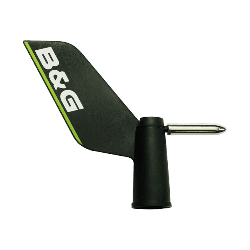 B&G 000-15144-001 wind vane assembly for WS300 and WS700, black vane blade with B&G lettering and a short spindle