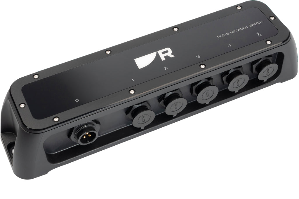 Raymarine A80731 RNS-5 Gigabit RayNet network switch, long black case with R logo and five capped ports