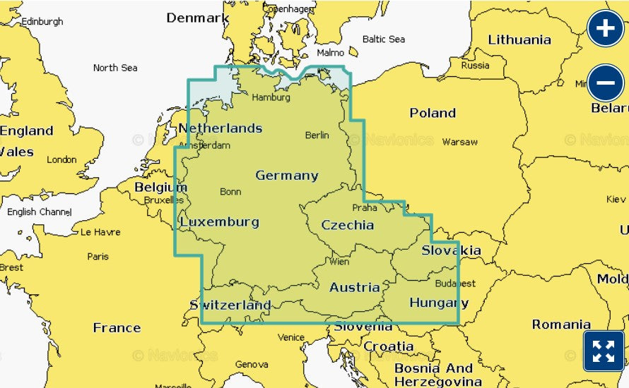 Garmin Navionics+ 010-C1255-20 Germany Lakes and Rivers NSEU060R coverage, green selection over Germany