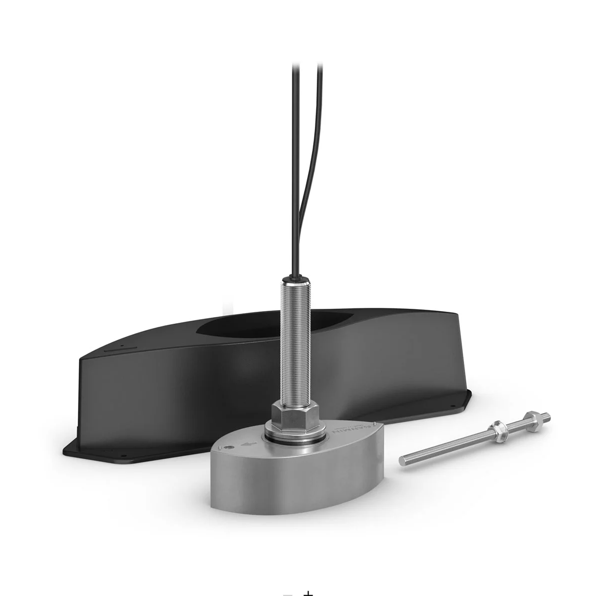 Garmin Panoptix PS70 010-02768-00 transducer with fairing block, stainless stem on grey base beside a black block