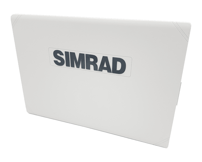 Simrad 000-15818-001 suncover for NSX 3012, white padded cover with black Simrad lettering on a green background