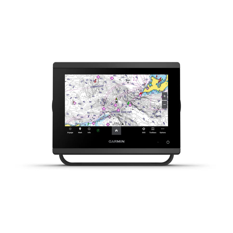 Garmin GPSMAP 723xsv 010-02365-02 chartplotter, front view of a chart screen with a detailed coastline