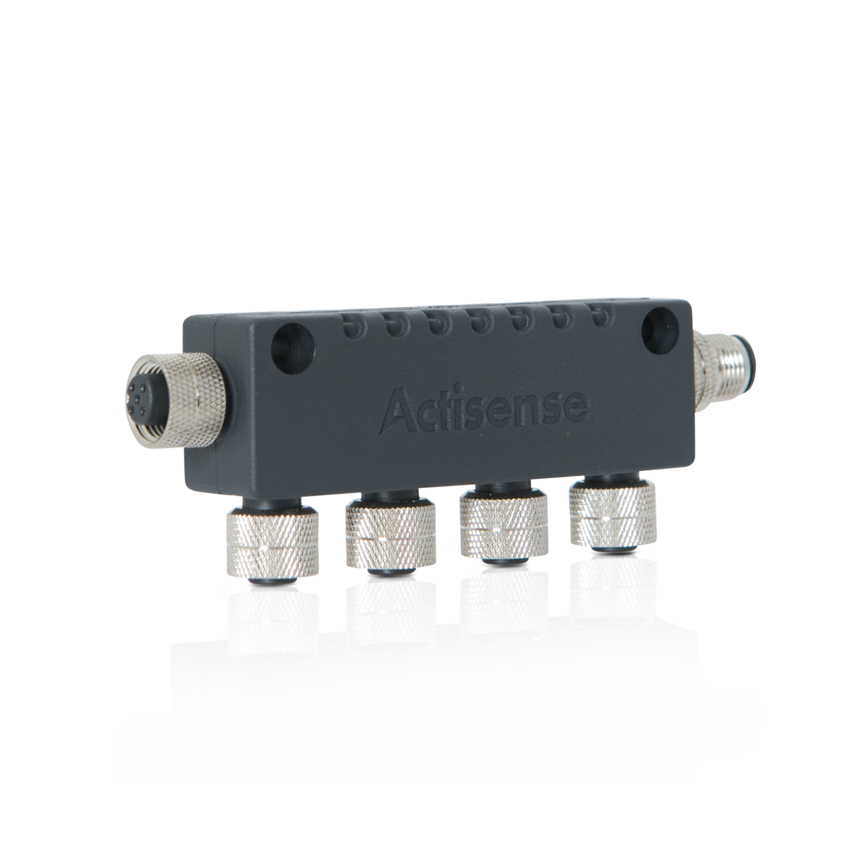 Actisense Micro 4-way T piece, A2K-4WT, dark grey block with four silver micro sockets and two end connectors, on black