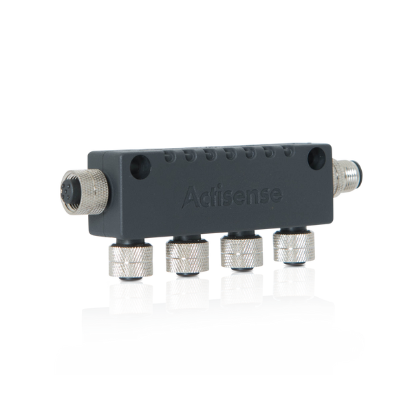 Actisense Micro 4-way T piece, A2K-4WT, dark grey block with four silver micro sockets and two end connectors, on black