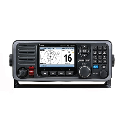 Icom RC-M600 command head, black and grey head with a chart screen showing channel 16 and a keypad, front view