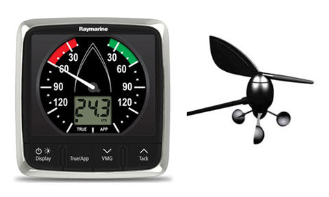 Raymarine E70150 i60 wind pack with short arm vane transducer, round display reading 243 and a black wind vane