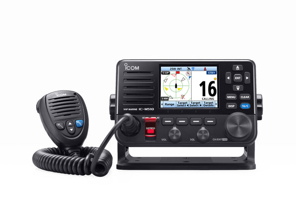 Icom IC-M510 EVO with AIS receiver, black radio with a chart and AIS screen showing channel 16, with a microphone