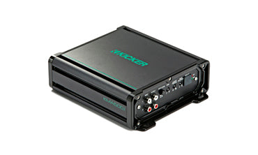 Kicker KM Marine 600W monoblock subwoofer amplifier, KA45KMA6001, black amplifier with a teal Kicker logo and connectors