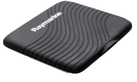 Raymarine A80348 Dragonfly 7 Pro flush mount suncover, black ribbed silicone cover with Raymarine logo, angled view