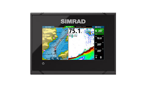Simrad GO5 XSE ROW 000-14449-001, 5 inch chartplotter front view with chart and sonar split and data column