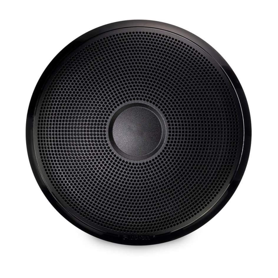 Fusion XS 010-02198-00 10in subwoofer in classic black, front view of the perforated grille