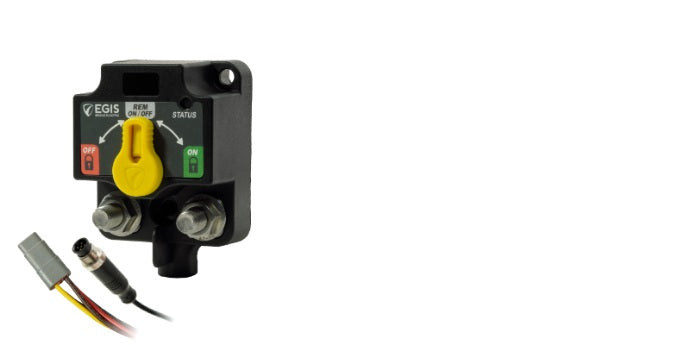 EGIS XD 9811-4500 NMEA 2000 relay, 500A, black body with yellow knob, red and green indicators, wiring leads