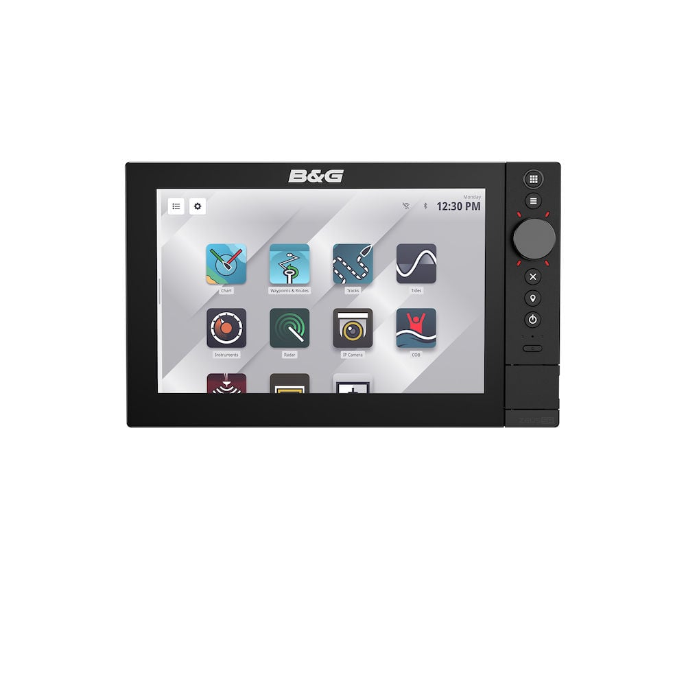 B&G 000-16022-001 Zeus SR 10 inch chartplotter, front view of a black display showing a home screen of app tiles