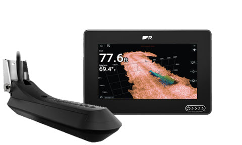Raymarine E70635-03 Axiom+ 7 RV, black 7 inch MFD showing 3D sonar at 77.6 ft beside an RV-100 transducer