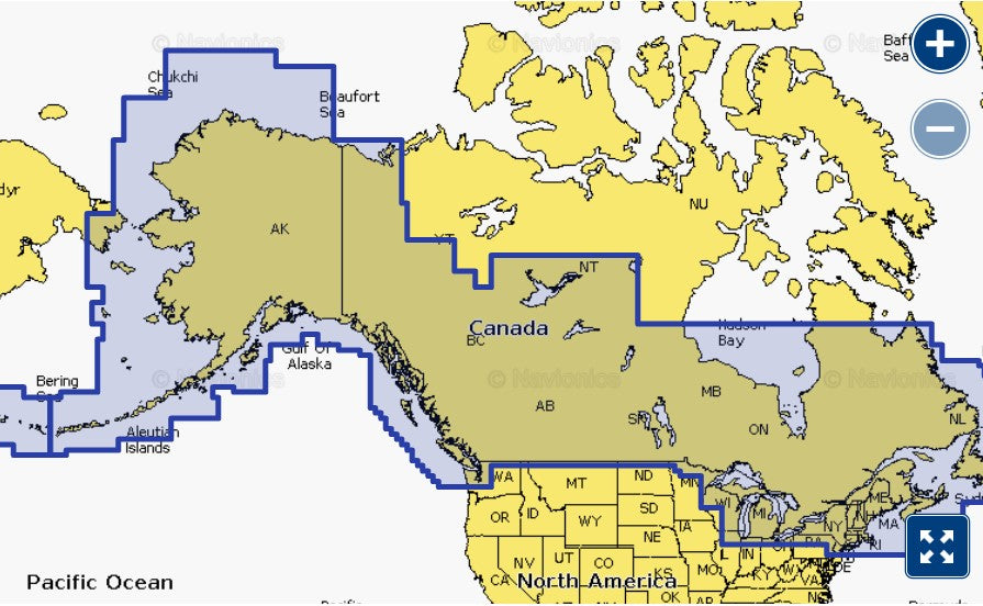 Garmin Navionics+ 010-C1288-20 Canada and Alaska NSUS004R coverage, selection over Canada and Alaska