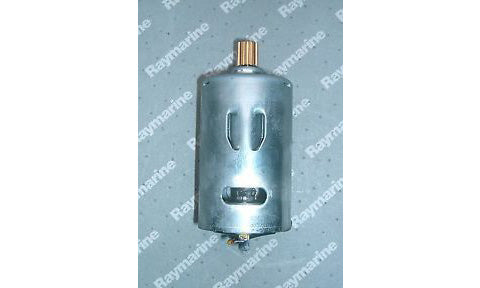 Raymarine Q114 tiller pilot motor assembly, silver electric motor with a brass pinion on a branded mat