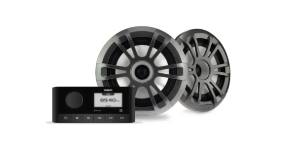 Fusion MS-RA60 010-02405-61 stereo and EL sports speaker kit, black stereo showing 89.40 with two grey speakers