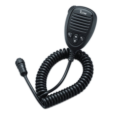 Icom HM-214H waterproof microphone, black with coiled cable, round connector and control buttons on the face