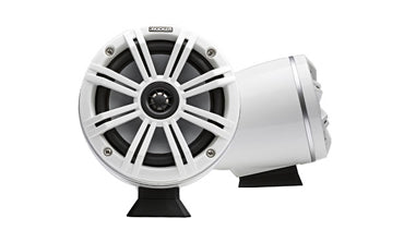Kicker KM Marine 6.5 inch surface mount coaxial speaker pair in white, KA46KMFC65W, white spoked speaker, white housing
