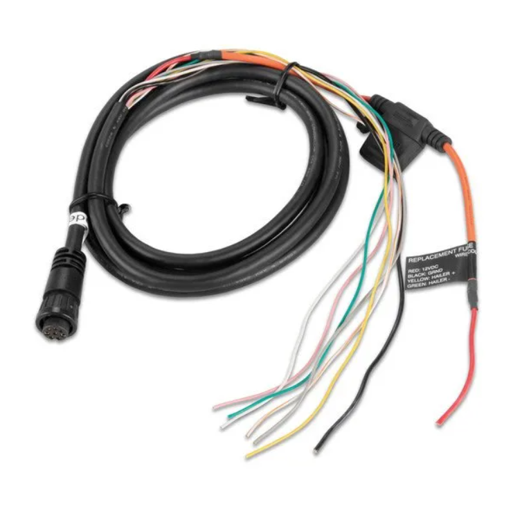Garmin 010-12769-01 NMEA 0183 power and hailer cable, coiled lead with round plug and coloured bare wires