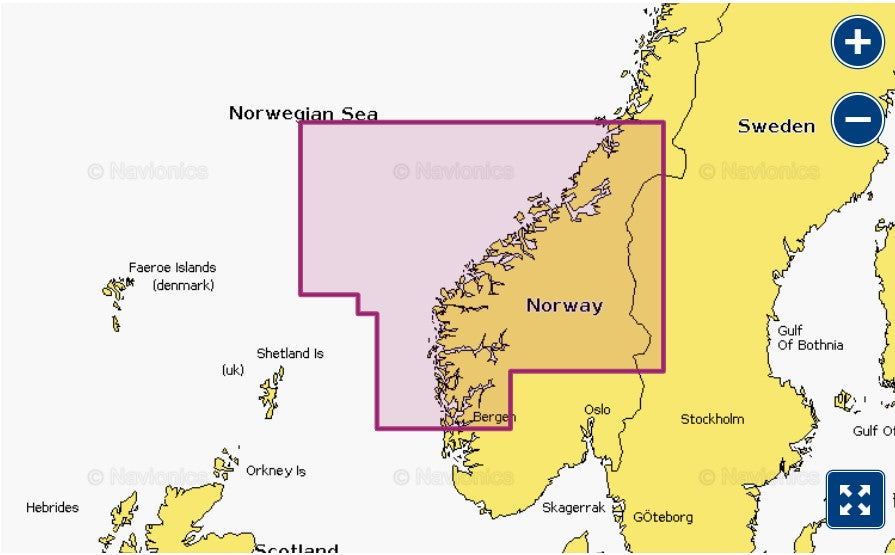 Garmin Navionics+ 010-C1251-20 Norway Sognefjord to Svesfjorden NSEU052R coverage, pink selection on the Norwegian coast