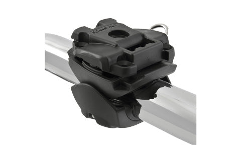 Rokk Mini rail mount RLS-402, black clamp with mounting socket gripping a silver rail tube, side view