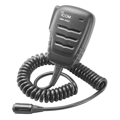 Icom HM-202 speaker microphone, grey body with ridged front and coiled cable ending in a round connector