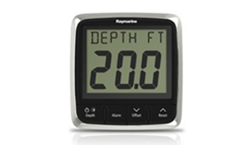 Raymarine E70059 i50 depth instrument display, silver-framed unit reading depth 20.0 ft with three buttons