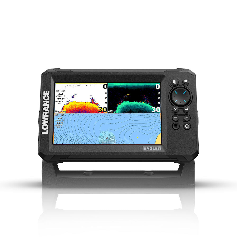 Lowrance 000-16115-001 Eagle 7 with SplitShot HD, front view of a 7 inch fishfinder showing sonar and chart panes