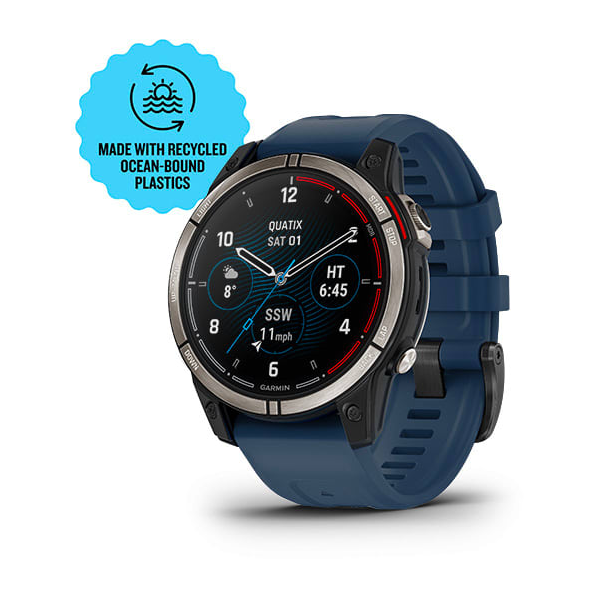 Garmin quatix 7 Pro 010-02803-81 marine smartwatch on a navy band, wind data face with recycled plastics badge