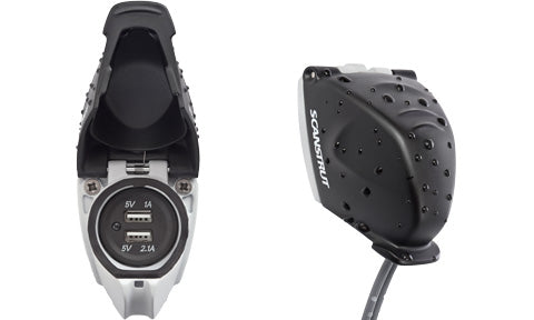 Scanstrut ROKK SC-USB-01 waterproof dual USB charge socket with the cover open, plus a closed black cover view