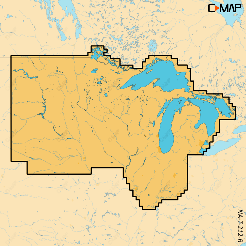 C-MAP Reveal X chart coverage map M-NA-T-212-R-MS, outline over the US lakes, north central, Great Lakes area