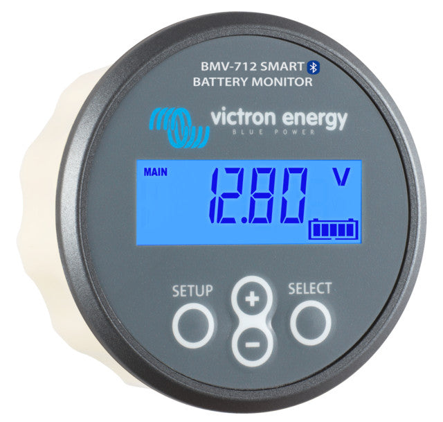 Victron BAM030712000 BMV-712 Smart battery monitor kit, angled view of a round grey monitor reading 12.80 V