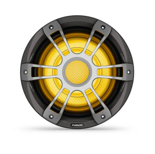 Fusion 010-02775-11 12in sports grey CRGBW LED subwoofer 700w RMS, grille lit amber, front view