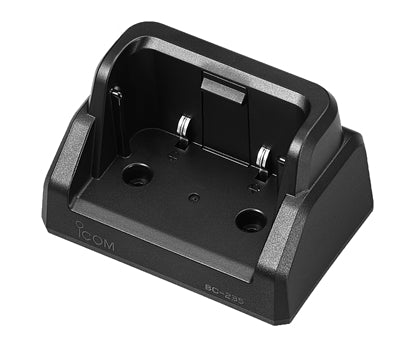 Icom BC-235 single fast charger, black desktop charger cradle with a deep slot and the Icom logo