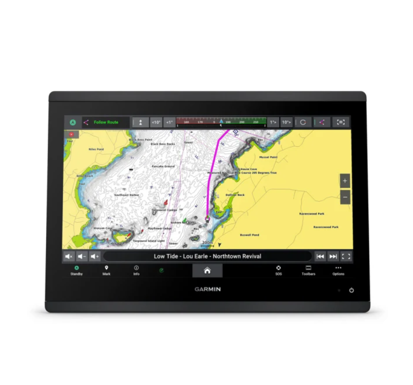 Garmin GPSMAP 1623xsv 010-02919-02 chartplotter, front view with chart and magenta route