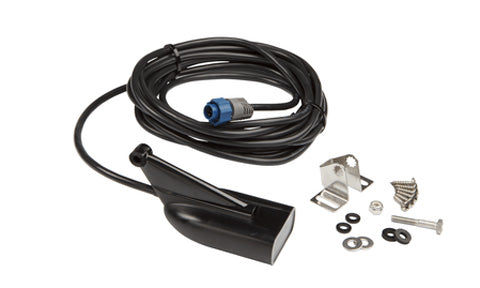 Simrad Blue Plug Skimmer HDI transducer 000-10976-001 with coiled blue-plug cable and transom mounting hardware