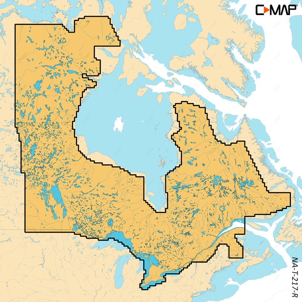 C-MAP Reveal X chart coverage map for Canada Lakes East, M-NA-T-217-R-MS, boundary over Quebec and Ontario