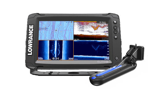 Lowrance Elite-9 Ti 000-14519-001 showing four-panel sonar and chart screen, with Med High TotalScan transducer
