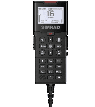 Simrad HS100 wired VHF handset 000-15649-001 with display, keypad and coiled cable at the bottom