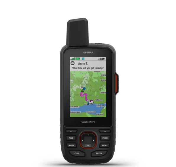 Garmin GPSMAP 67i 010-02812-01 handheld with inReach, front view of map screen with message from Anne T