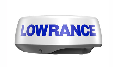 Lowrance Halo20 000-14543-001 pulse compression radome, white dome with blue Lowrance logo on dark base, front view