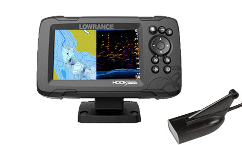 Lowrance Hook Reveal-5 000-15504-001 on bracket with chart and sonar split screen, HDI transducer at lower right