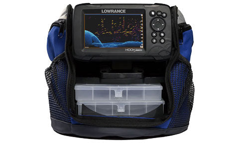 Lowrance Hook Reveal-5 000-15544-001 Ice Machine pack, display in blue carry bag with tackle tray visible