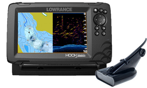 Lowrance Hook Reveal 7 000-15516-001 with chart and sonar split screen, shown with 50-200 HDI transducer in front