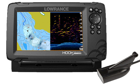 Lowrance Hook Reveal-7 000-15518-001 83/200 HDI chartplotter with chart and sonar screen, and transducer in front