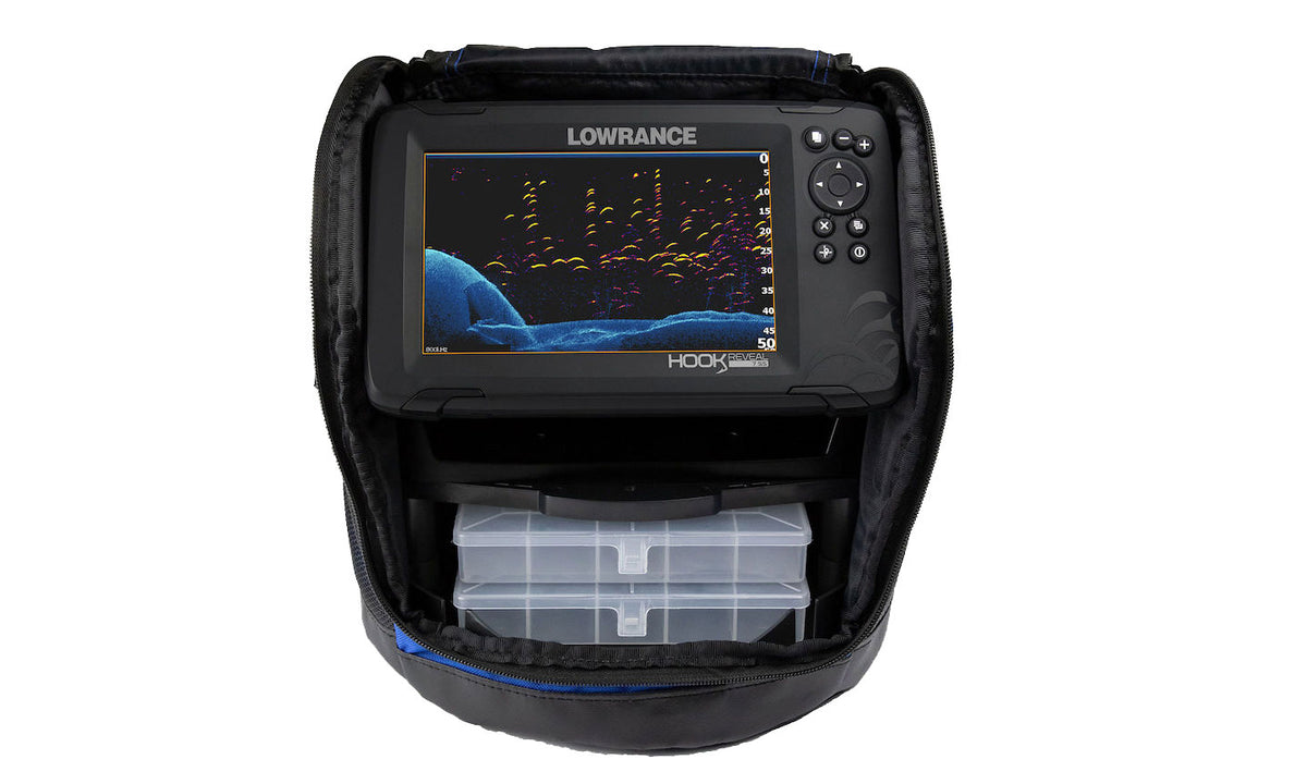Lowrance Hook Reveal-7 000-15543-001 Ice Machine in padded carry case, display showing sonar, tackle tray below