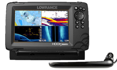 Lowrance Hook Reveal 7 000-15520-001 on bracket, four-panel chart and sonar screen, with Tripleshot transducer in front