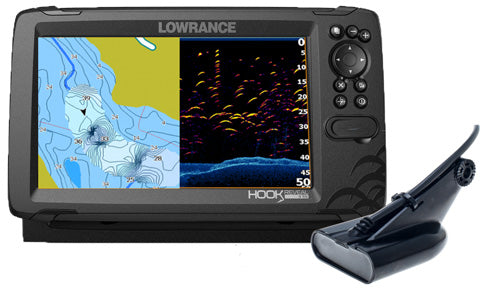 Lowrance Hook Reveal-9 000-15527-001 50-200 HDI chartplotter with chart and sonar screen, transducer in front