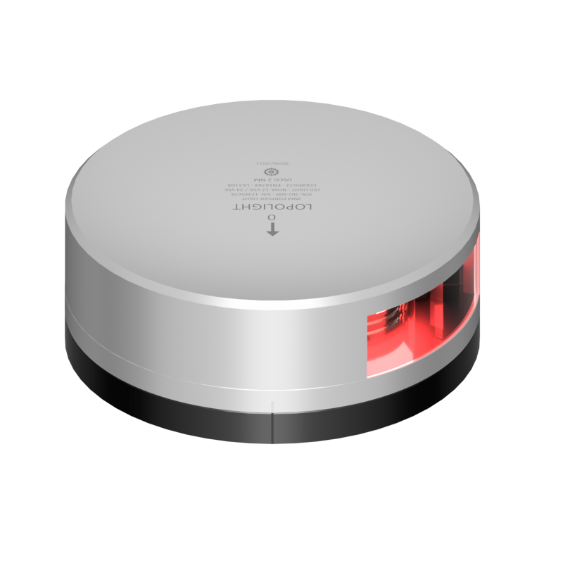 Lopolight NL301-009-FB silver port light on black FB base, red LED lens at right, three-quarter view